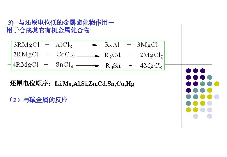 3) 与还原电位低的金属卤化物作用－ 用于合成其它有机金属化合物 还原电位顺序：Li, Mg, Al, Si, Zn, Cd, Sn, Cu, Hg （2）与碱金属的反应 