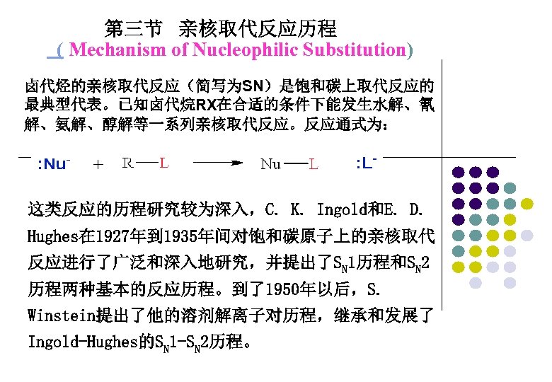 第三节 亲核取代反应历程 ( Mechanism of Nucleophilic Substitution) 卤代烃的亲核取代反应（简写为SN）是饱和碳上取代反应的 最典型代表。已知卤代烷RX在合适的条件下能发生水解、氰 解、氨解、醇解等一系列亲核取代反应。反应通式为： 这类反应的历程研究较为深入，C. K. Ingold和E. D.