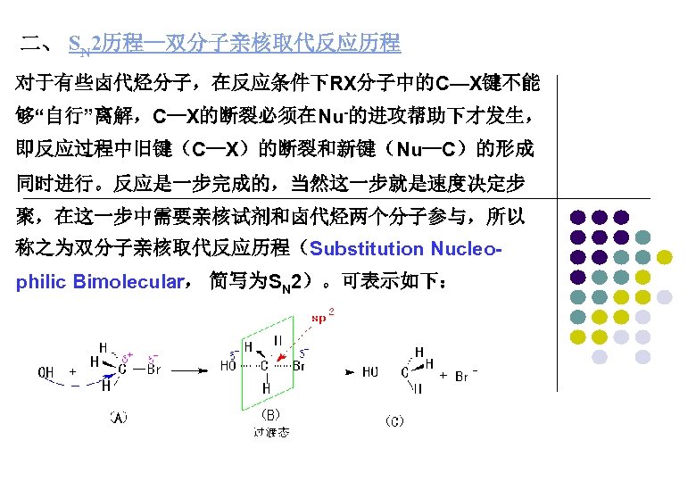 二、 SN 2历程—双分子亲核取代反应历程 对于有些卤代烃分子，在反应条件下RX分子中的C—X键不能 够“自行”离解，C—X的断裂必须在Nu-的进攻帮助下才发生， 即反应过程中旧键（C—X）的断裂和新键（Nu—C）的形成 同时进行。反应是一步完成的，当然这一步就是速度决定步 聚，在这一步中需要亲核试剂和卤代烃两个分子参与，所以 称之为双分子亲核取代反应历程（Substitution Nucleophilic Bimolecular， 简写为SN 2）。可表示如下： 