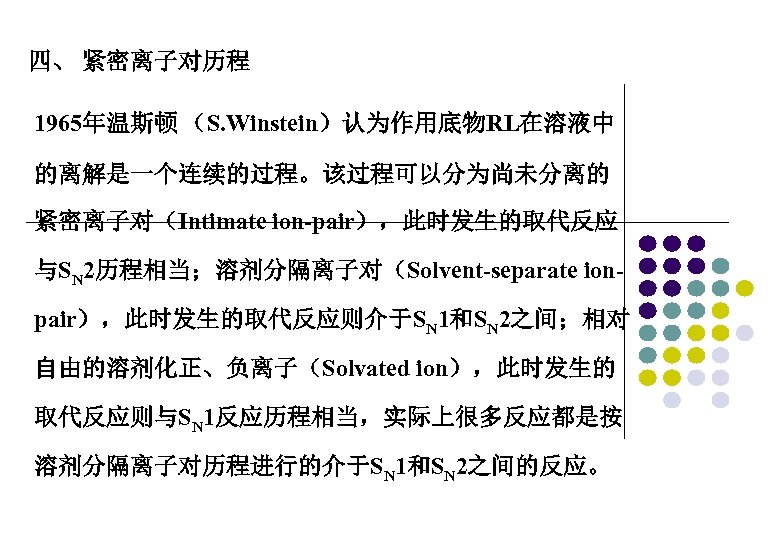 四、 紧密离子对历程 1965年温斯顿 （S. Winstein）认为作用底物RL在溶液中 的离解是一个连续的过程。该过程可以分为尚未分离的 紧密离子对（Intimate ion-pair），此时发生的取代反应 与SN 2历程相当；溶剂分隔离子对（Solvent-separate ionpair），此时发生的取代反应则介于SN 1和SN 2之间；相对 自由的溶剂化正、负离子（Solvated