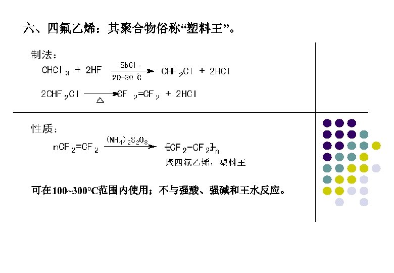 六、四氟乙烯：其聚合物俗称“塑料王”。 可在 100~300℃范围内使用；不与强酸、强碱和王水反应。 