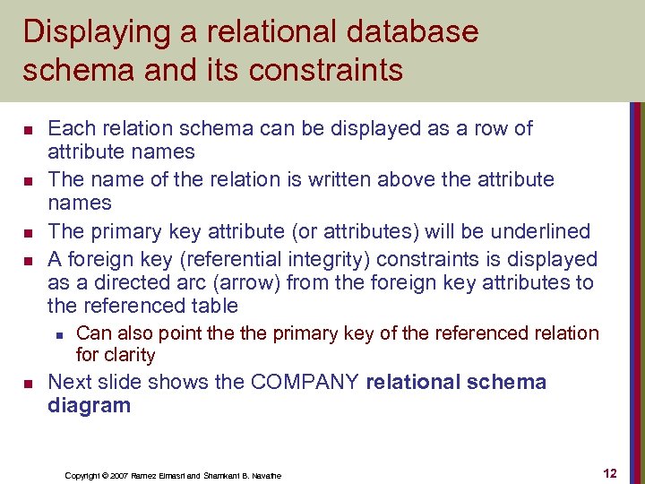 Displaying a relational database schema and its constraints n n Each relation schema can