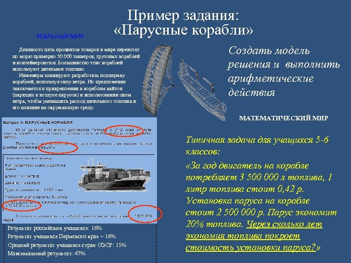 РЕАЛЬНЫЙ МИР Пример задания: «Парусные корабли» Девяносто пять процентов товаров в мире перевозят по