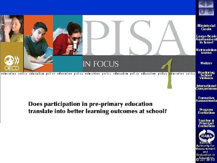 Ministerial Goals Large-Scale Assessment in Israel Matriculation exams Meitzav Monitoring School Violence International Comparisons