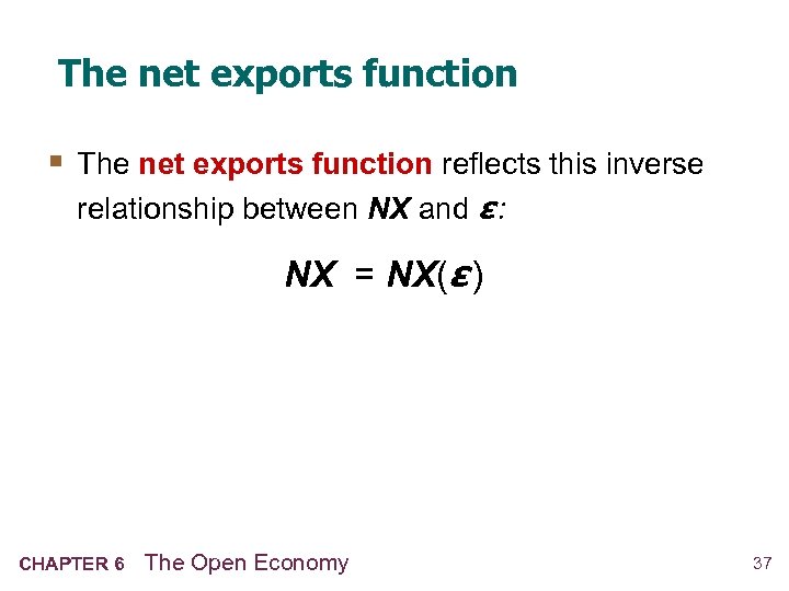 The net exports function § The net exports function reflects this inverse relationship between