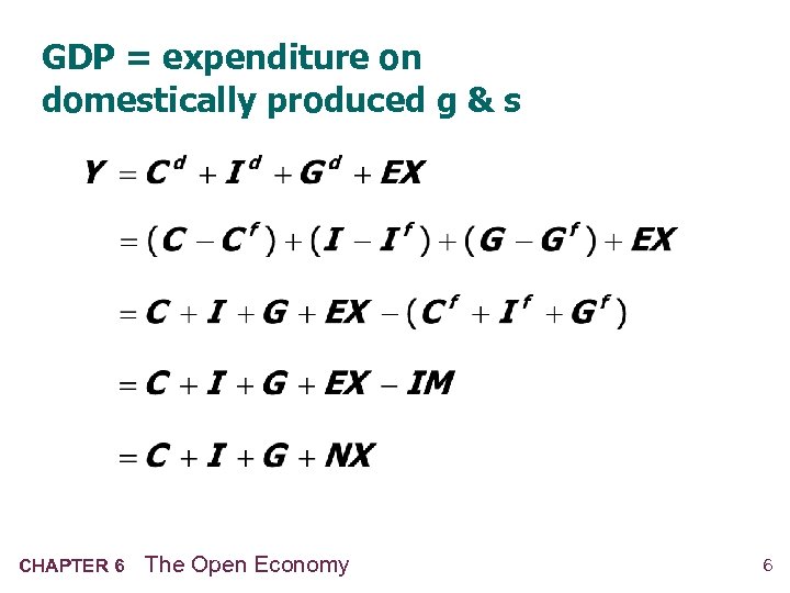 GDP = expenditure on domestically produced g & s CHAPTER 6 The Open Economy