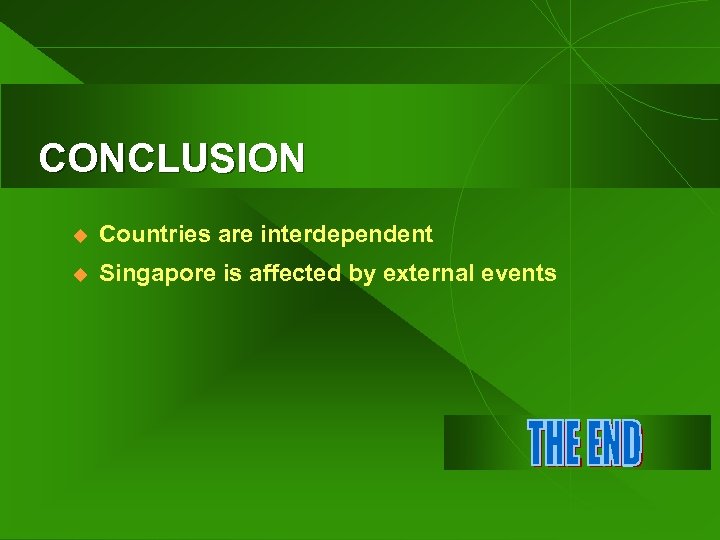 CONCLUSION u Countries are interdependent u Singapore is affected by external events 