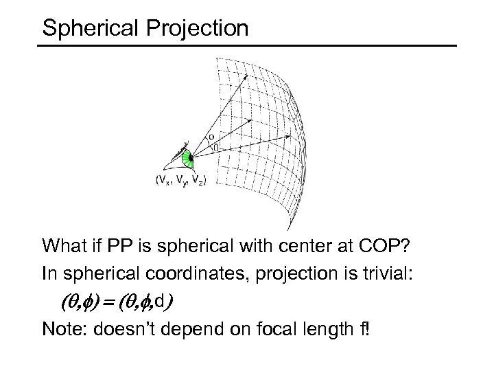 Spherical Projection What if PP is spherical with center at COP? In spherical coordinates,