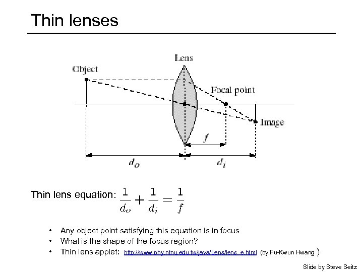 Thin lenses Thin lens equation: • • • Any object point satisfying this equation