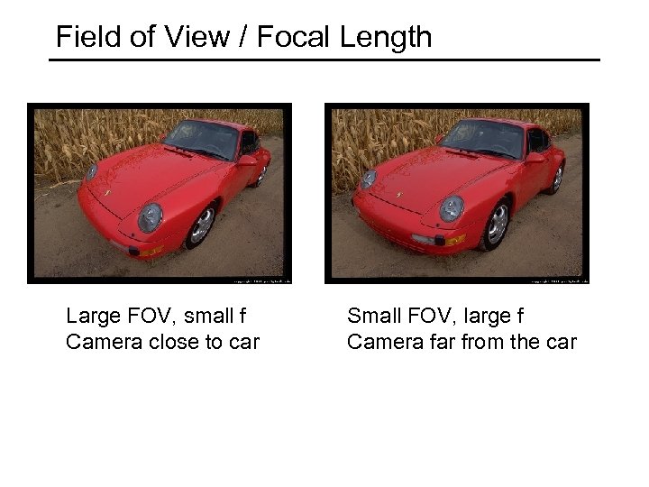 Field of View / Focal Length Large FOV, small f Camera close to car