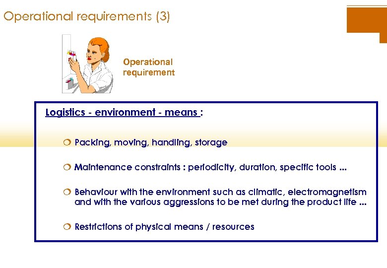 Operational requirements (3) Operational requirement Logistics - environment - means : ¦ Packing, moving,