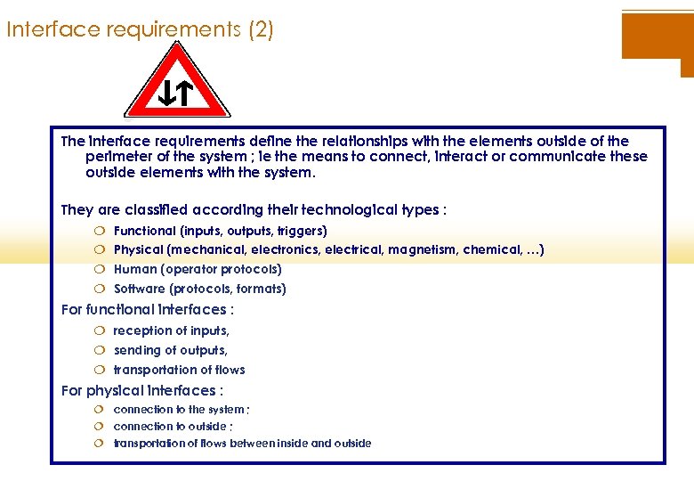 Interface requirements (2) The interface requirements define the relationships with the elements outside of