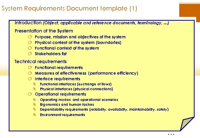 System Requirements Document template (1) Introduction (Object, applicable and reference documents, terminology, …) Presentation