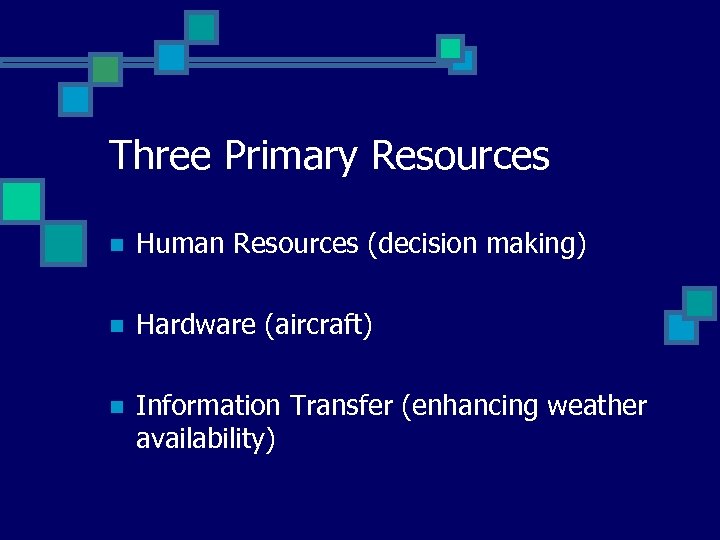 Three Primary Resources n Human Resources (decision making) n Hardware (aircraft) n Information Transfer