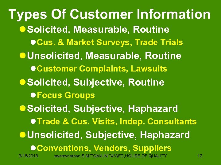 Types Of Customer Information l Solicited, Measurable, Routine l Cus. & Market Surveys, Trade