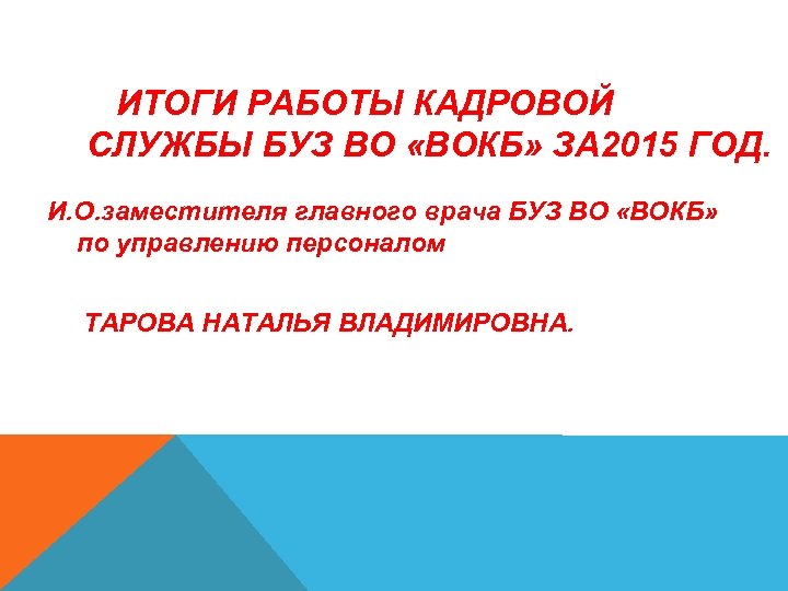 ИТОГИ РАБОТЫ КАДРОВОЙ СЛУЖБЫ БУЗ ВО «ВОКБ» ЗА 2015 ГОД. И. О. заместителя главного