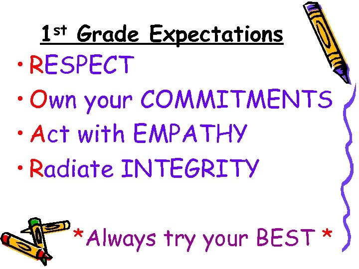 1 st Grade Expectations • RESPECT • Own your COMMITMENTS • Act with EMPATHY