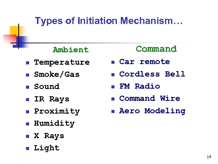 Types of Initiation Mechanism… n n n n Ambient Temperature Smoke/Gas Sound IR Rays