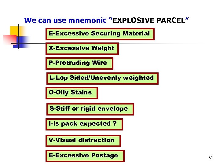 Recognition Sign We can use mnemonic “EXPLOSIVE PARCEL” E-Excessive Securing Material X-Excessive Weight P-Protruding