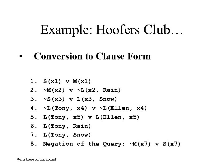 Example: Hoofers Club… • Conversion to Clause Form 1. 2. 3. 4. 5. 6.