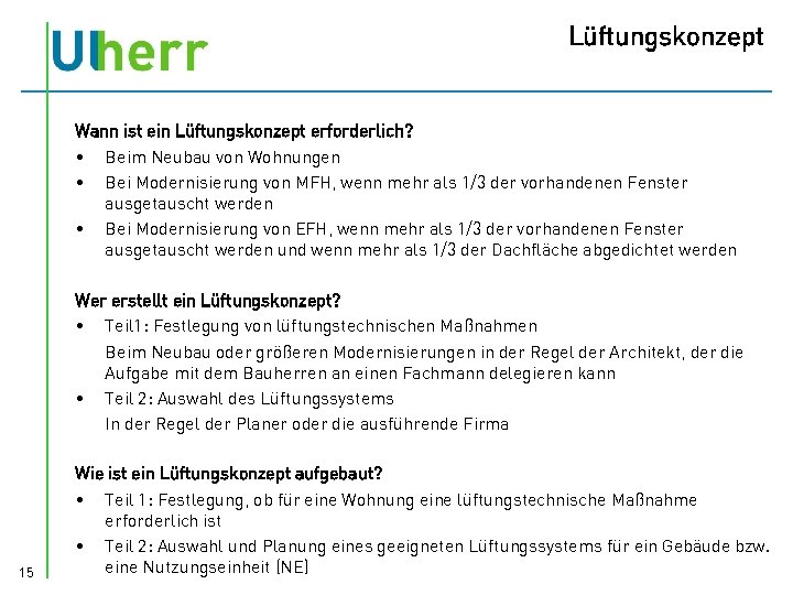 Lüftungskonzept Wann ist ein Lüftungskonzept erforderlich? • Beim Neubau von Wohnungen • Bei Modernisierung