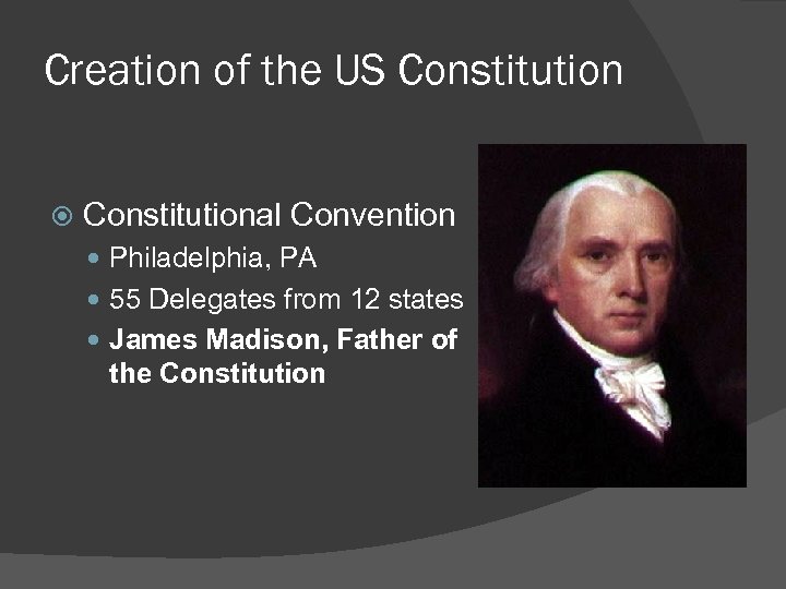 Creation of the US Constitutional Convention Philadelphia, PA 55 Delegates from 12 states James