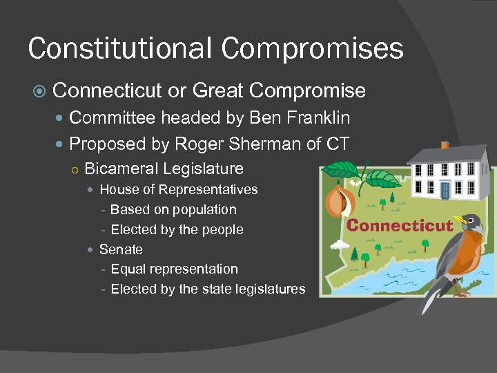 Constitutional Compromises Connecticut or Great Compromise Committee headed by Ben Franklin Proposed by Roger