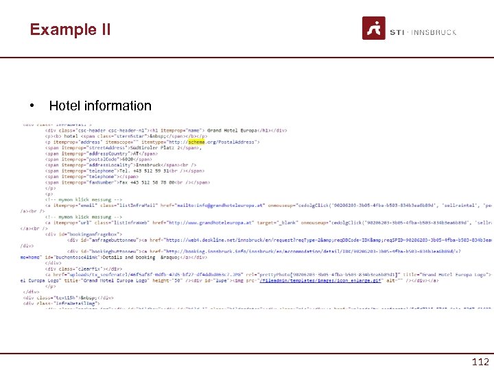 Example II • Hotel information 112 