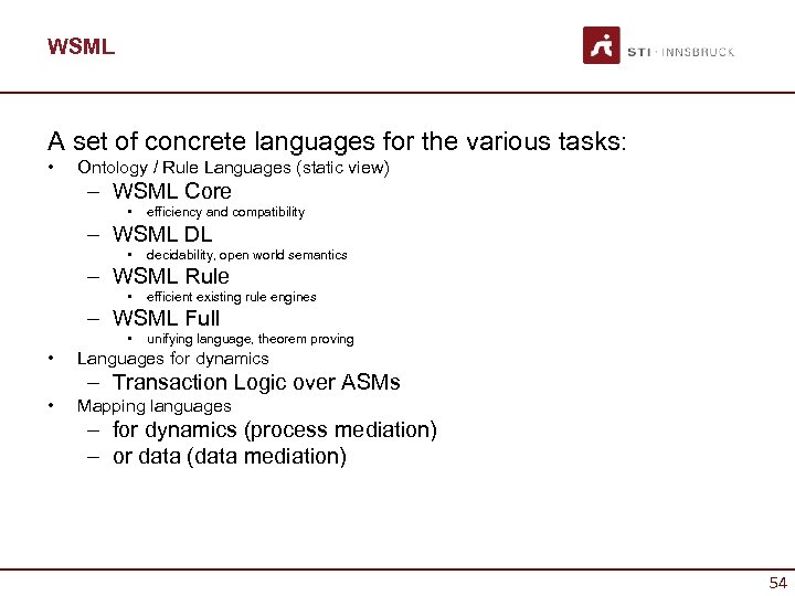 WSML A set of concrete languages for the various tasks: • Ontology / Rule
