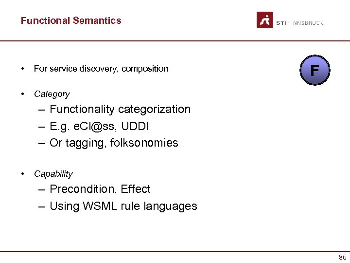 Functional Semantics • For service discovery, composition • F Category – Functionality categorization –