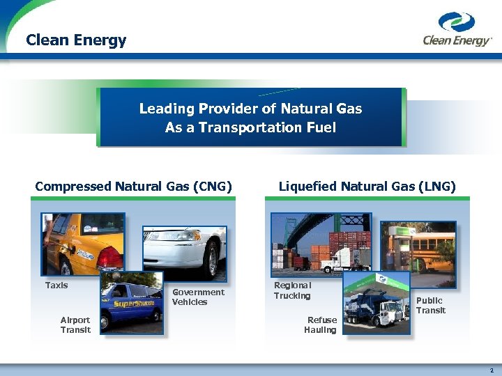 Clean Energy Leading Provider of Natural Gas As a Transportation Fuel Compressed Natural Gas
