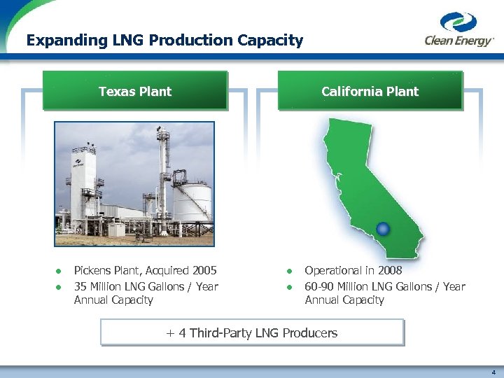 Expanding LNG Production Capacity Texas Plant l l Pickens Plant, Acquired 2005 35 Million