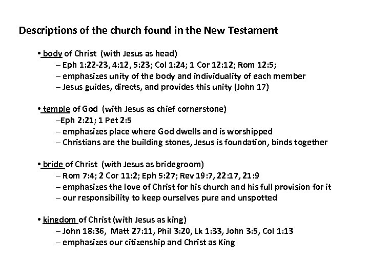 Descriptions of the church found in the New Testament • body of Christ (with