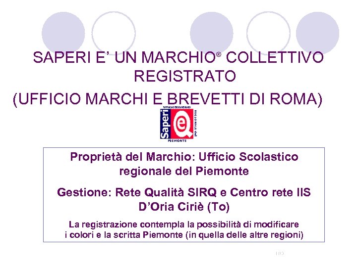 SAPERI E’ UN MARCHIO® COLLETTIVO REGISTRATO (UFFICIO MARCHI E BREVETTI DI ROMA) Proprietà del
