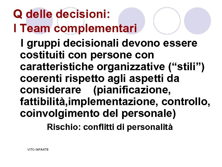 Q delle decisioni: I Team complementari I gruppi decisionali devono essere costituiti con persone