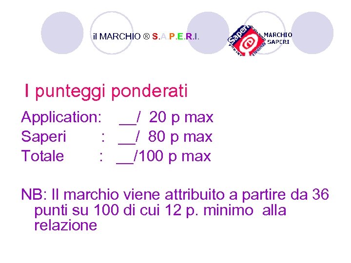 il MARCHIO ® S. A. P. E. R. I. I punteggi ponderati Application: __/