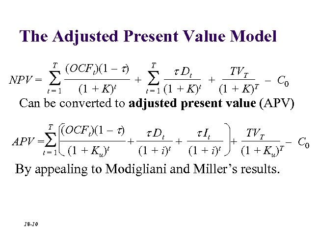 The Adjusted Present Value Model T S NPV = t=1 (OCFt)(1 – t) (1