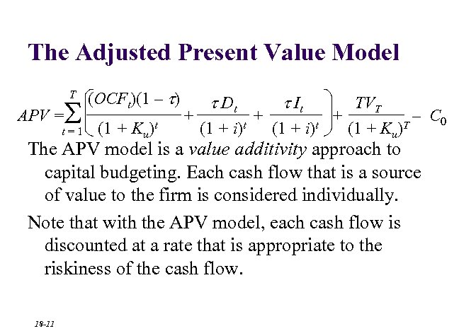 The Adjusted Present Value Model T S APV = t=1 (OCFt)(1 – t) (1