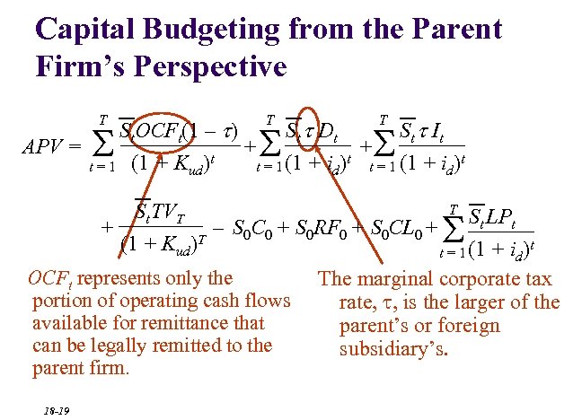 Capital Budgeting from the Parent Firm’s Perspective T T T St. OCFt(1 – t)