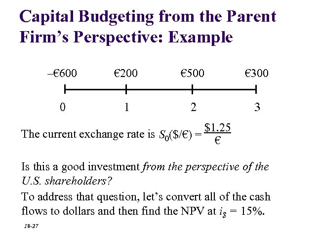 Capital Budgeting from the Parent Firm’s Perspective: Example –€ 600 € 200 € 500