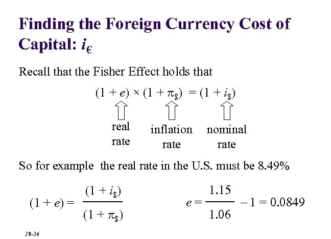 Finding the Foreign Currency Cost of Capital: i€ Recall that the Fisher Effect holds