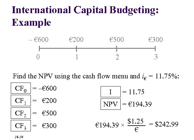 International Capital Budgeting: Example – € 600 € 200 € 500 € 300 0