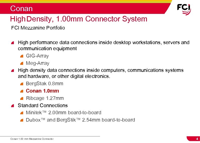 Conan High Density, 1. 00 mm Connector System FCI Mezzanine Portfolio High performance data