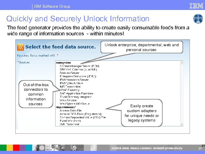 IBM Software Group Quickly and Securely Unlock Information The feed generator provides the ability