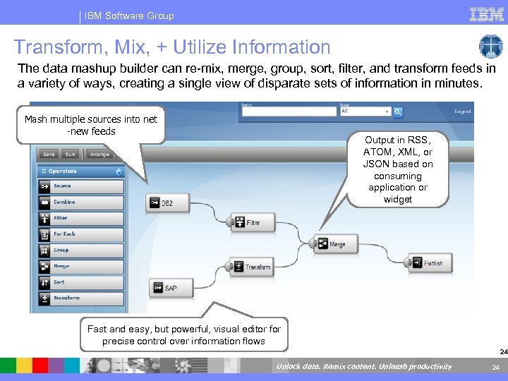 IBM Software Group Transform, Mix, + Utilize Information The data mashup builder can re-mix,