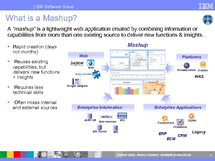 IBM Software Group What is a Mashup? A “mashup” is a lightweight web application