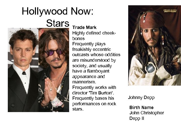 Hollywood Now: Stars Trade Mark Highly defined cheekbones Frequently plays freakishly eccentric outcasts whose