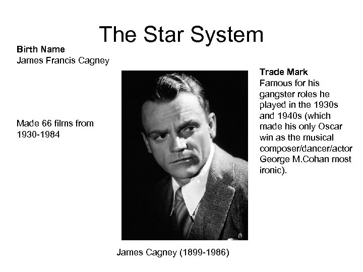 The Star System Birth Name James Francis Cagney Trade Mark Famous for his gangster