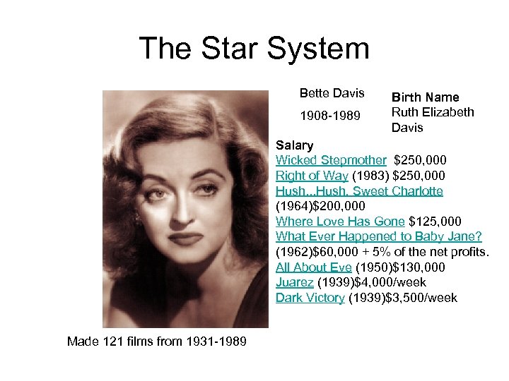 The Star System Bette Davis 1908 -1989 Birth Name Ruth Elizabeth Davis Salary Wicked