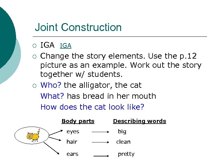 Joint Construction ¡ ¡ ¡ IGA Change the story elements. Use the p. 12